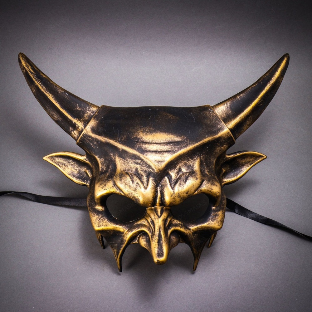 Black Gold Sharp Long Horn Devil Demon Masquerade Wedding Halloween Party Mask